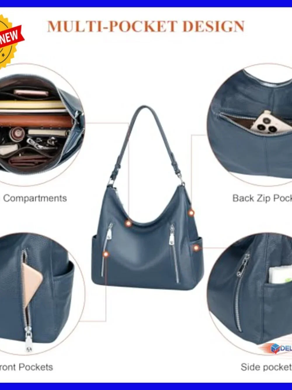 Genuine Leather Hobo Shoulder Bag Crossbody with Multiple Pockets